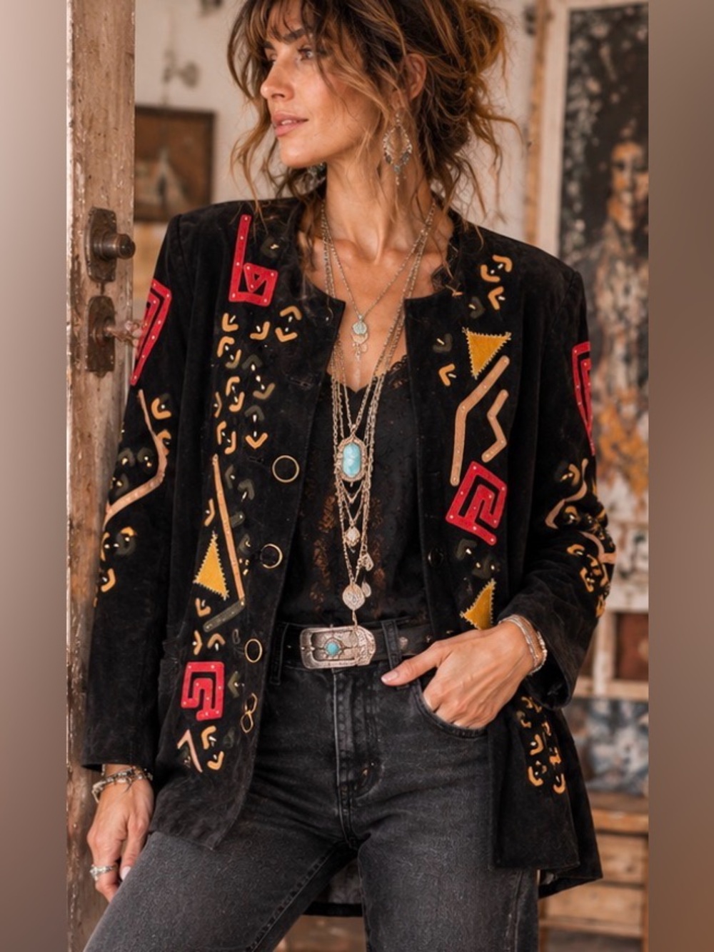 Vintage Black Suede Leather Jacket Abstract Appliqué Artsy Boho Statement M